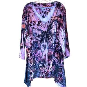 Essentials Plus Size Velvet Butterfly Rhinestone V-Neck Tunic 4X, EUC